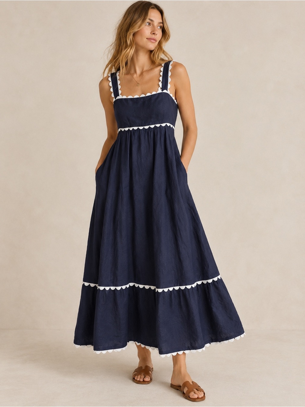 Cynthia Rowley NWT Linen Navy & White Scallop Trim Maxi Dress Pockets MD